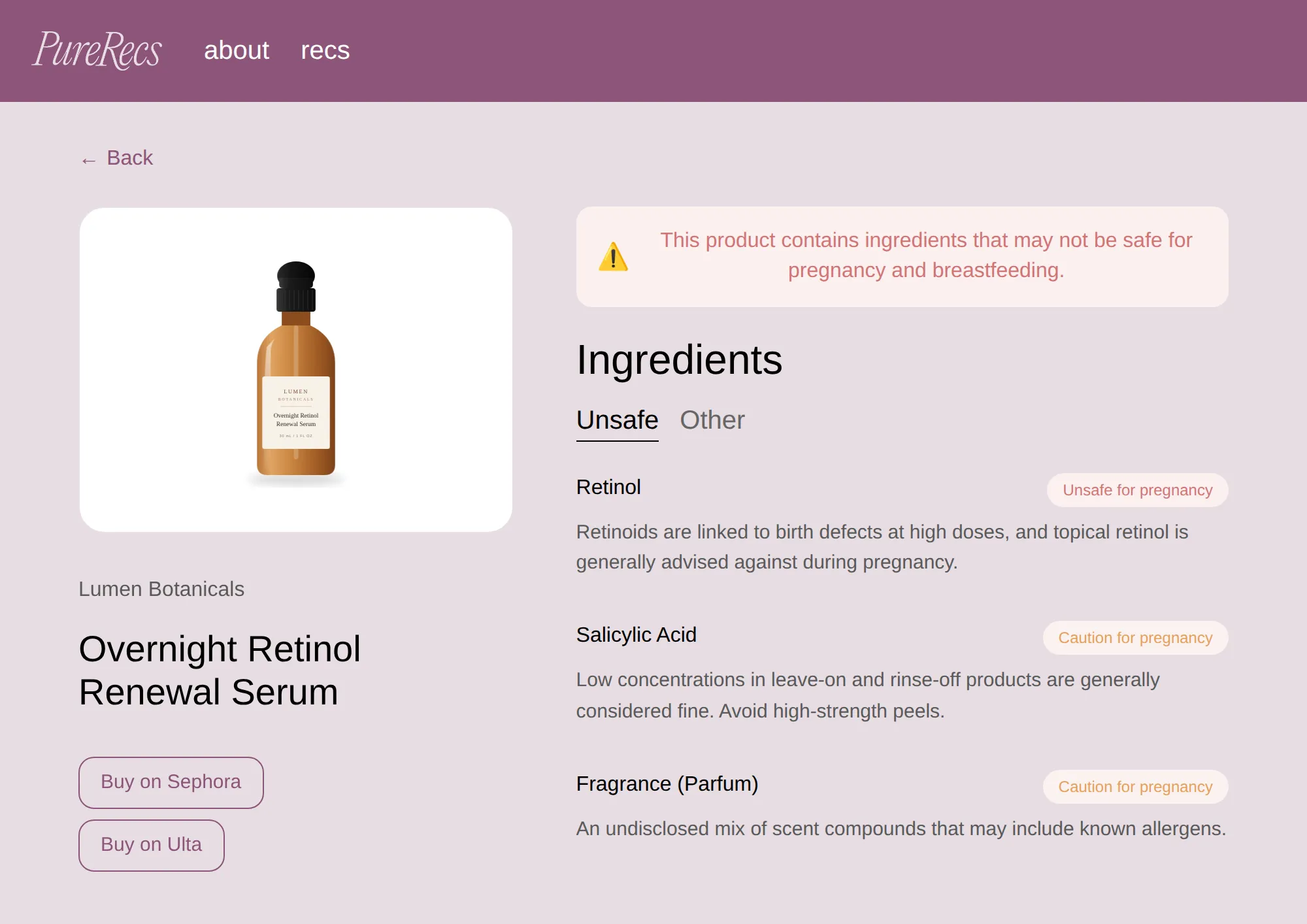 A Pure Recs product page for a retinol serum: a warning banner up top, and Retinol, Salicylic Acid, and Fragrance flagged as unsafe or caution for pregnancy, each with a short explanation