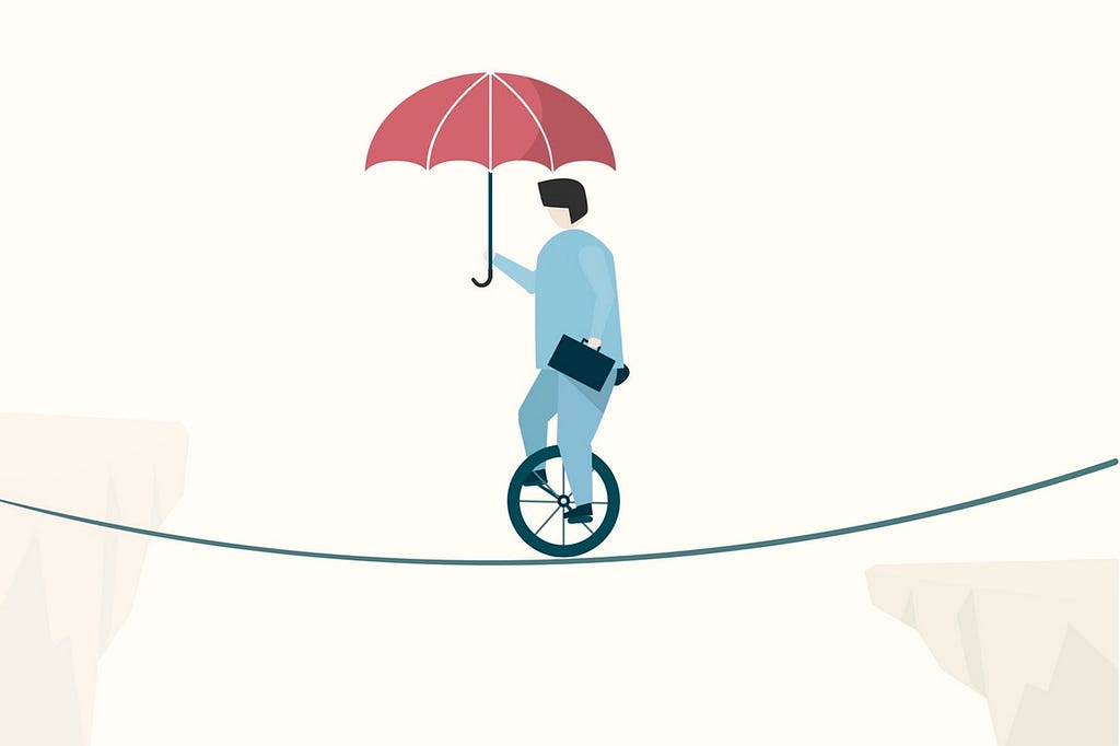 Illustration of a person in a suit riding a unicycle across a tightrope over a chasm, holding an umbrella and a briefcase